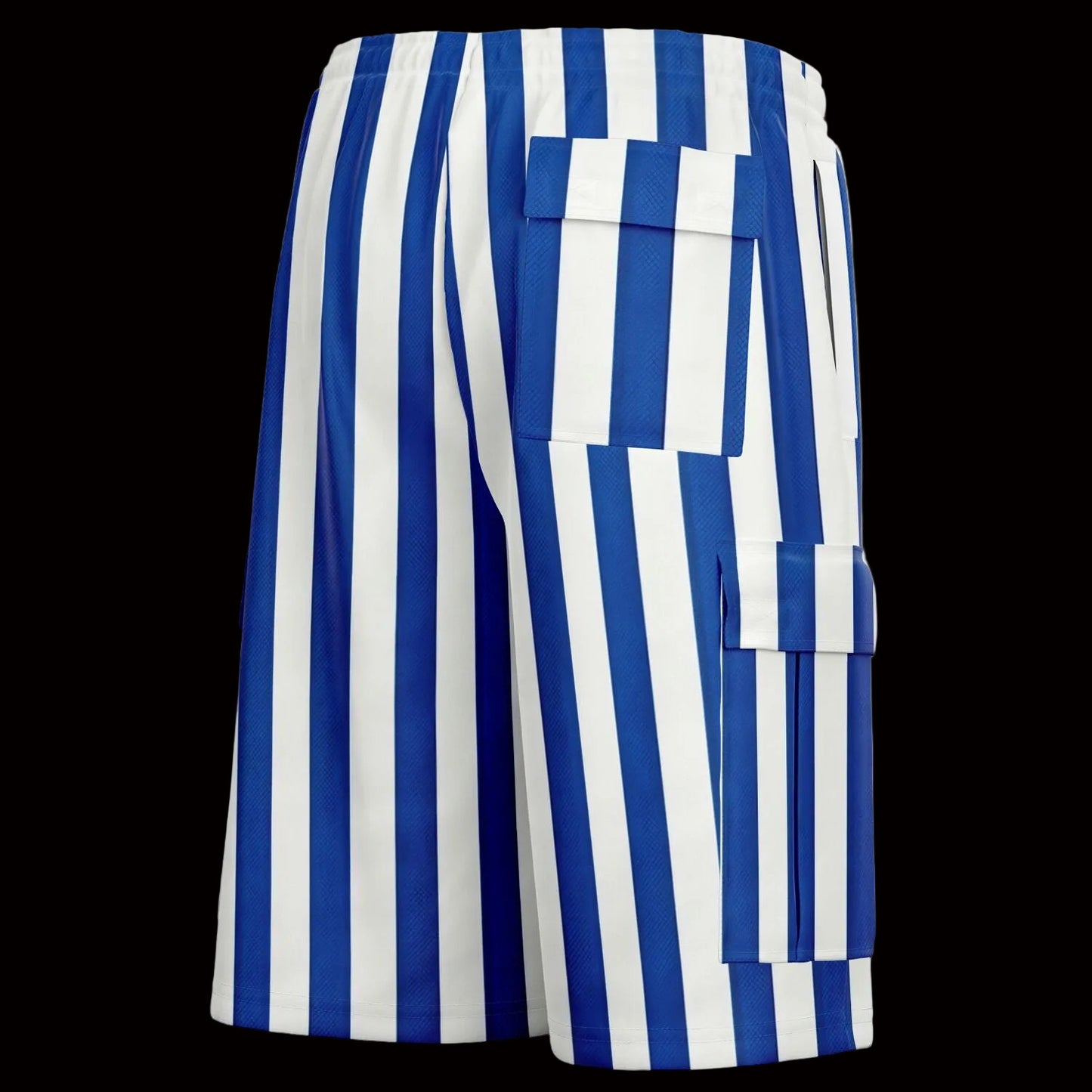 Blue and white striped shorts on a white background