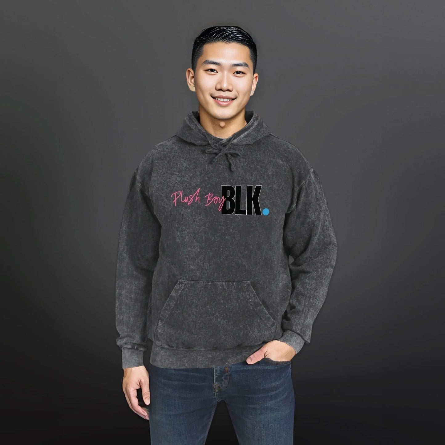 PLUSH BOY BLK FLAMINGO BACK MINERAL WASH HOODIE