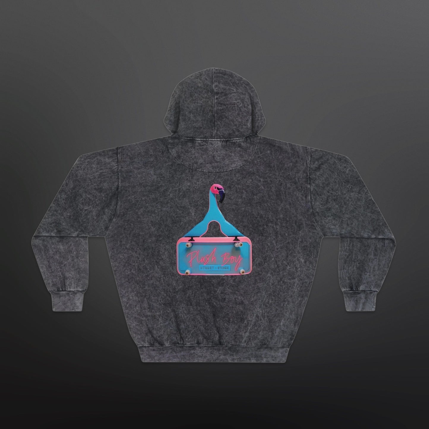 PLUSH BOY BLK FLAMINGO BACK MINERAL WASH HOODIE