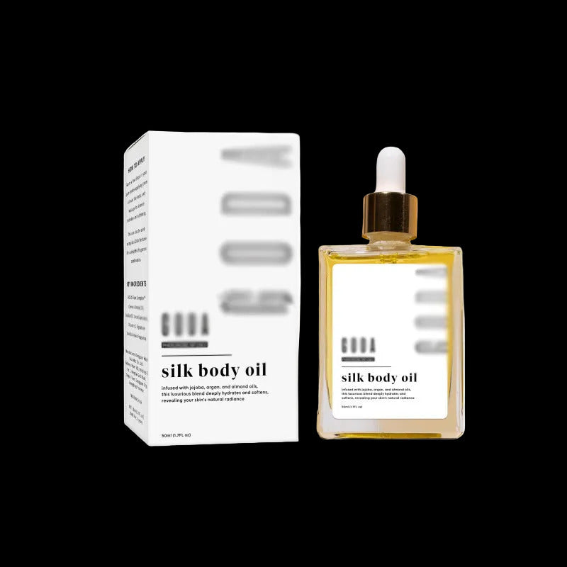 Silk body oil bottle with dropper and packaging on a white background