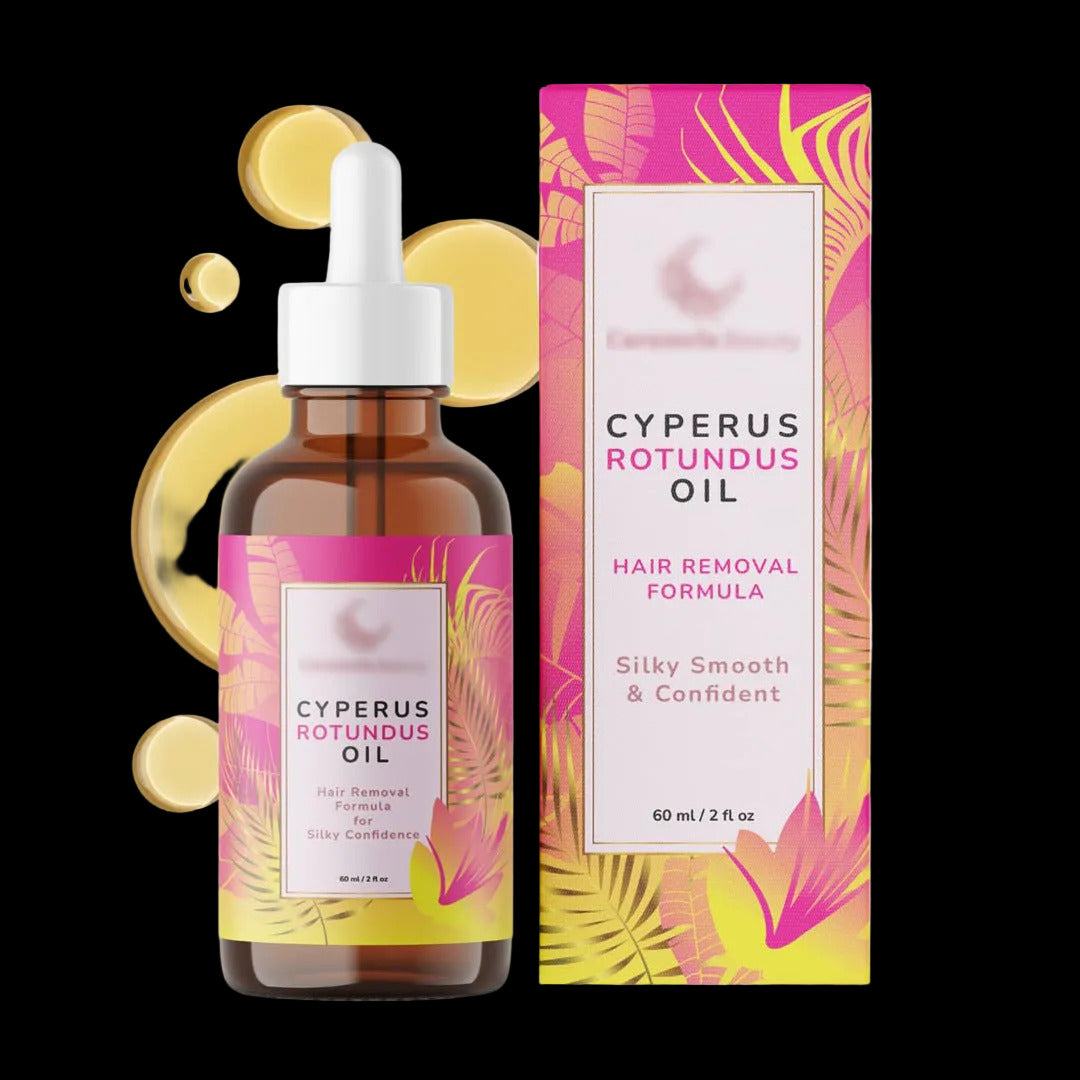 Cyperus Rotundus oil bottle and packaging with pink and yellow design on a white background
