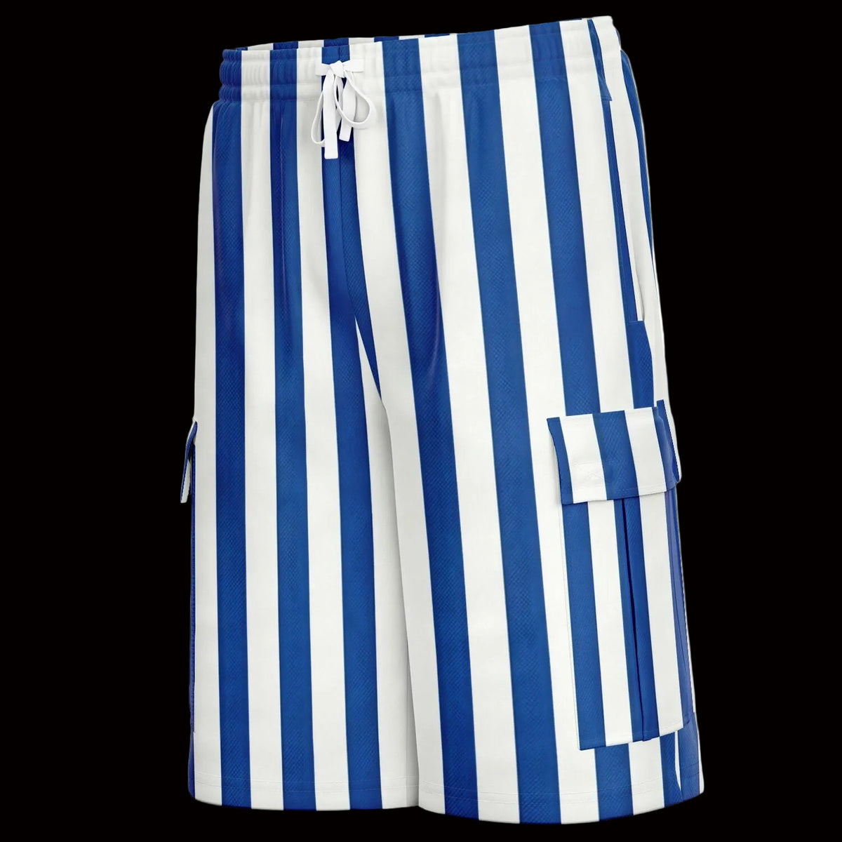 Blue and white striped shorts on a white background