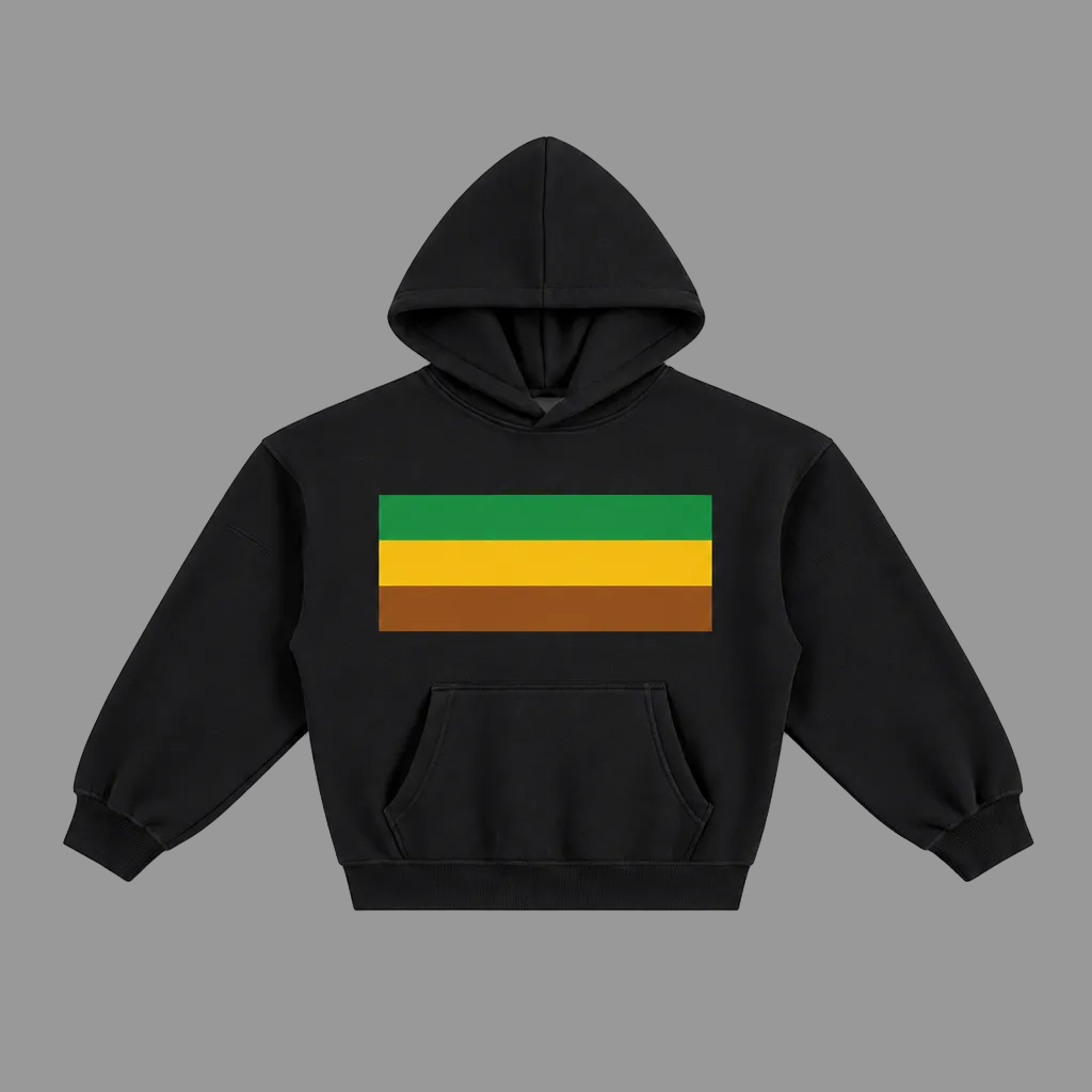 A black cropped hoodie with a horizontal striped graphic on the chest in green, yellow, and brown, shown on a plain white background.