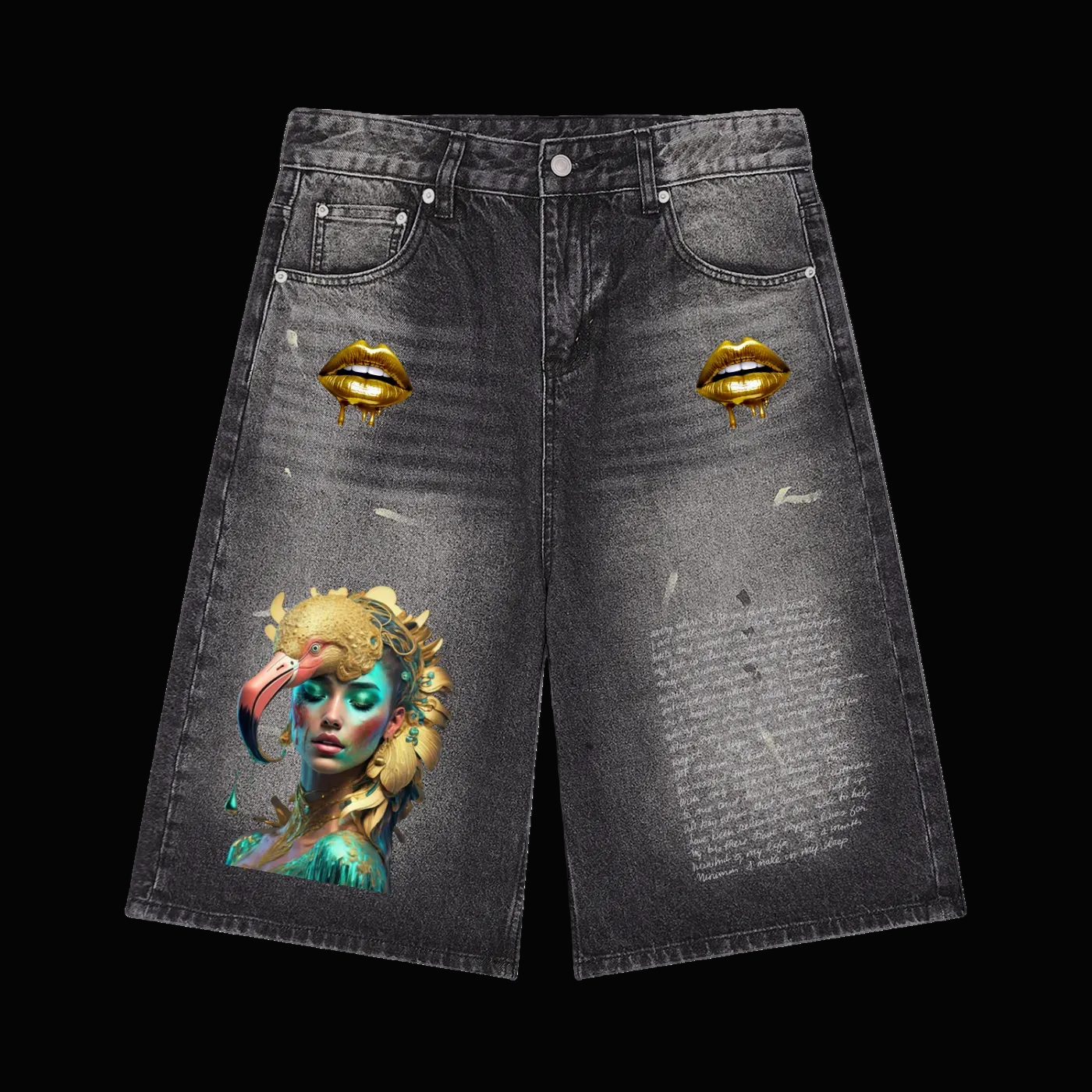 A pair of dark gray acid-wash denim shorts featuring a colorful graphic print of a woman with a flamingo on the left leg, gold metallic lips on the upper right thigh, and faded script text on the right leg, shown against a plain white background.