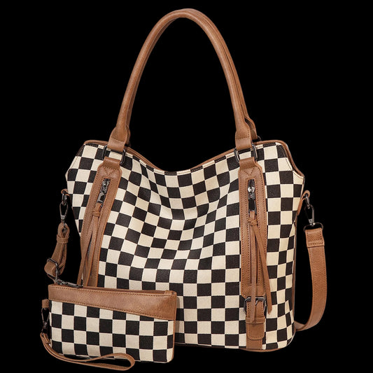 Checkered handbag with brown accents on a white background