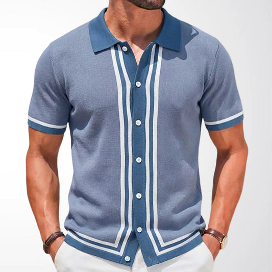 Men Summer Short Sleeve Knitted Striped Lapel Collar Business Polo Shirt