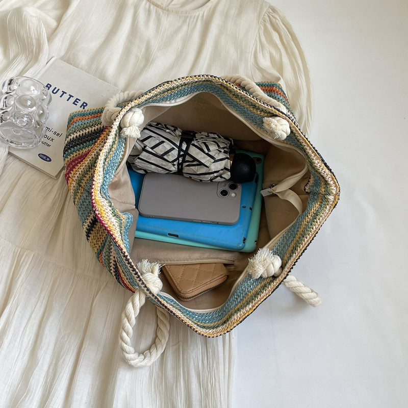 Straw Weaving Tote Bag with Shoulder Strap