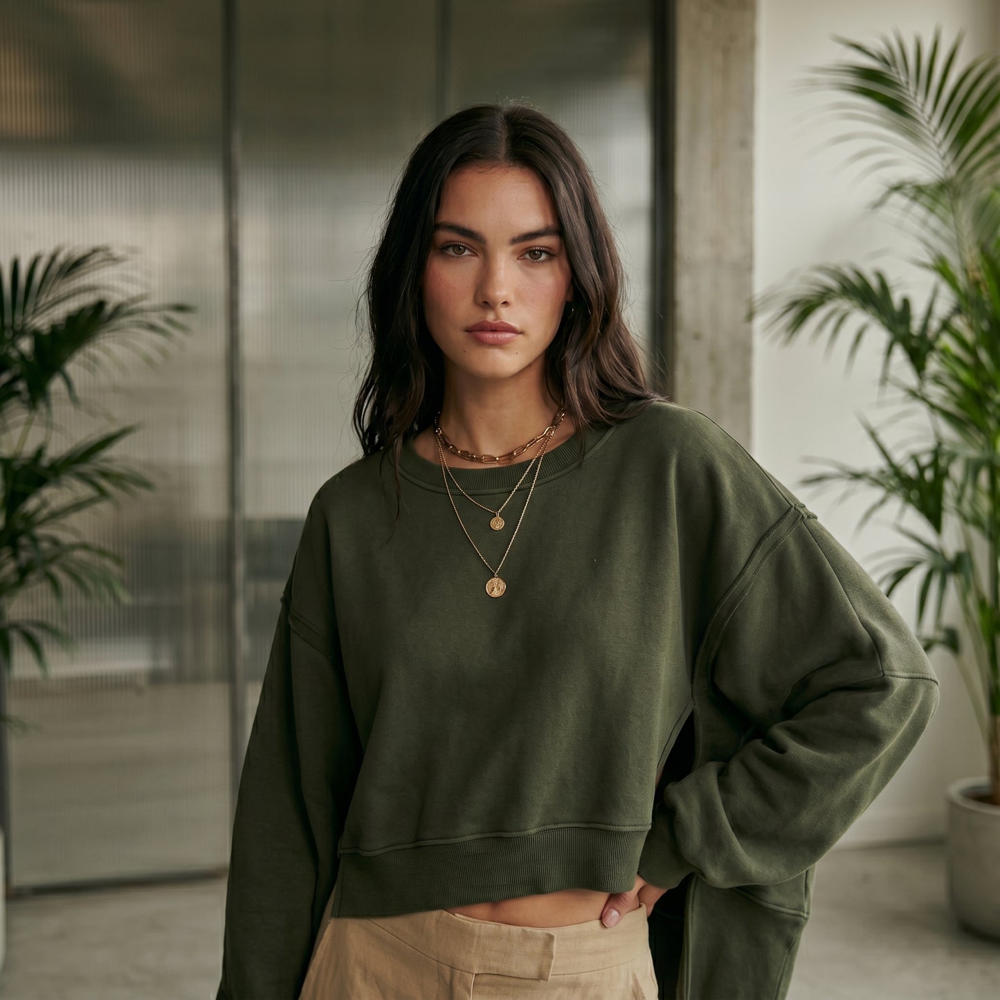 THE GREENHOUSE COLLECTIVE Long Sleeve Tops Crewneck Loose Fit Tee Pullover Crop