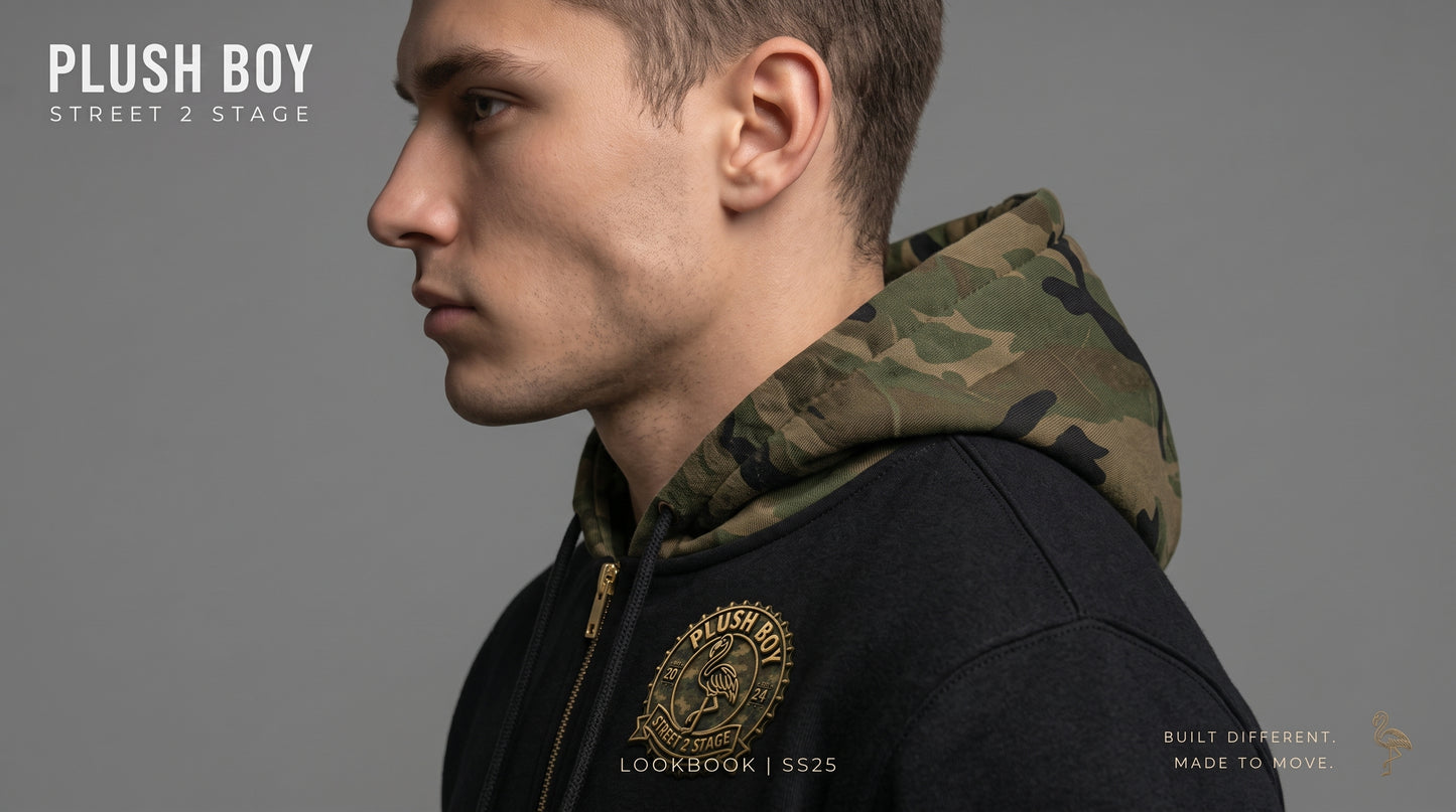 PLUSH BOY Camo-Splice Raglan Zip Hoodie