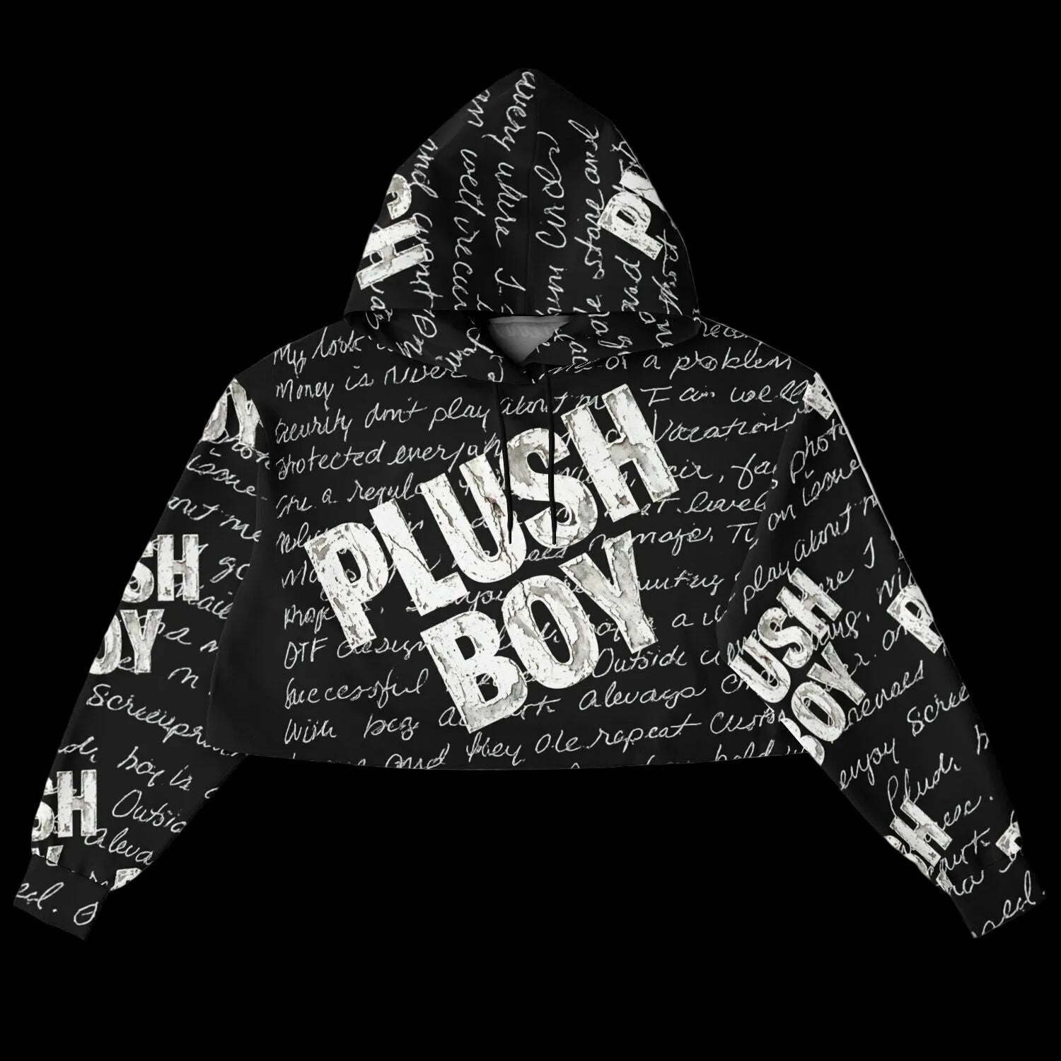A black cropped hoodie with a white all-over script print and large distressed 'PLUSH BOY' text across the front, shown on a plain white background.