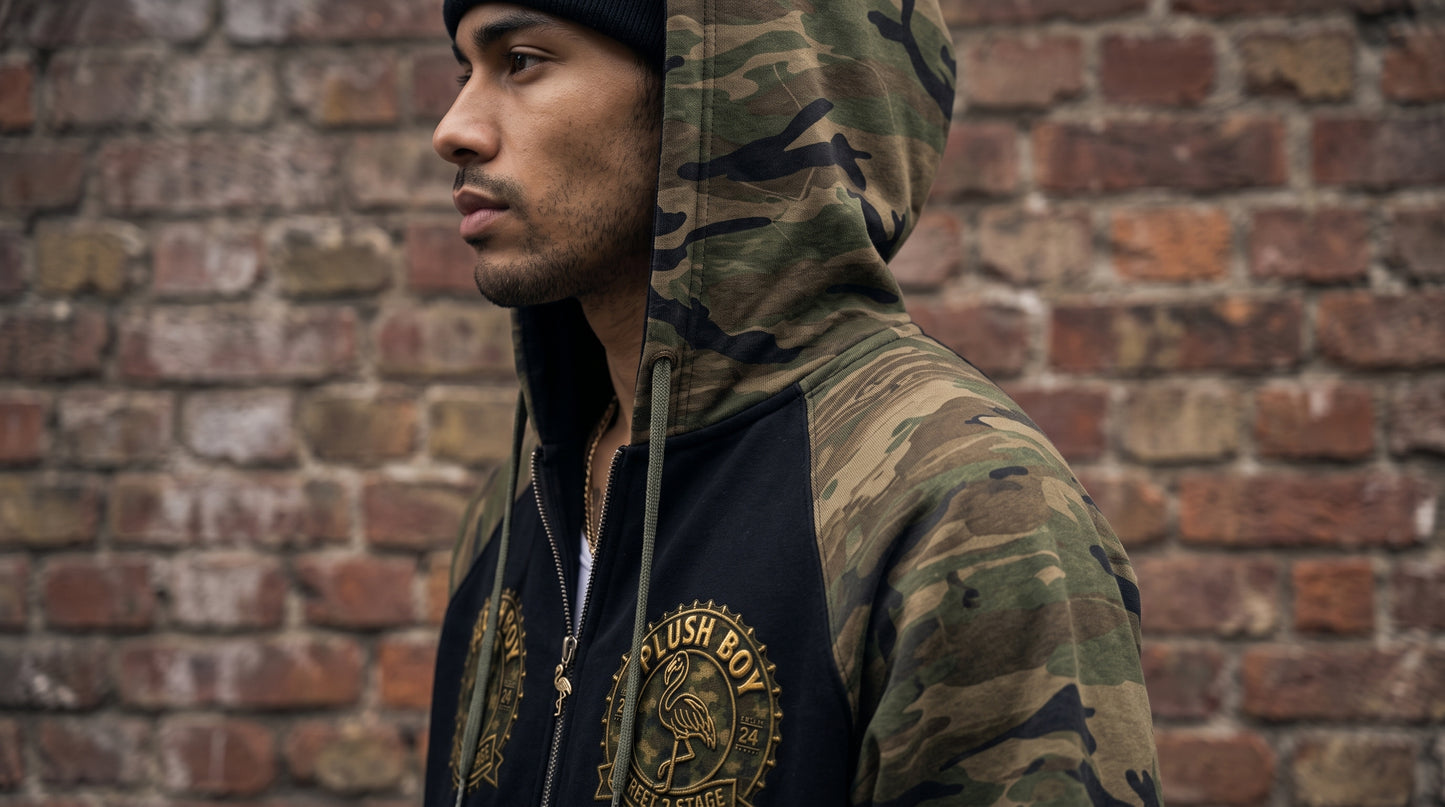 PLUSH BOY Camo-Splice Raglan Zip Hoodie