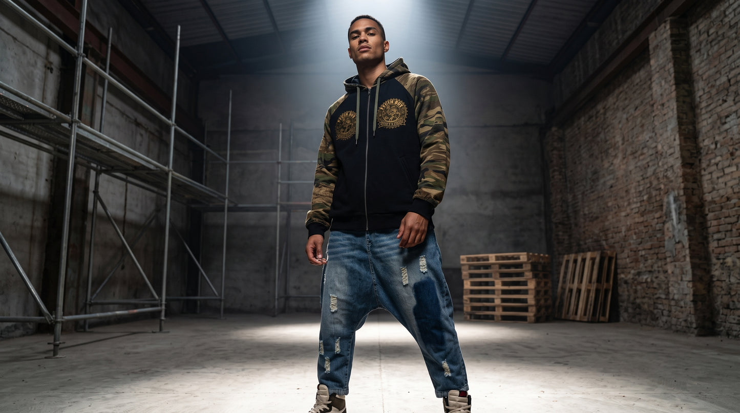PLUSH BOY Camo-Splice Raglan Zip Hoodie