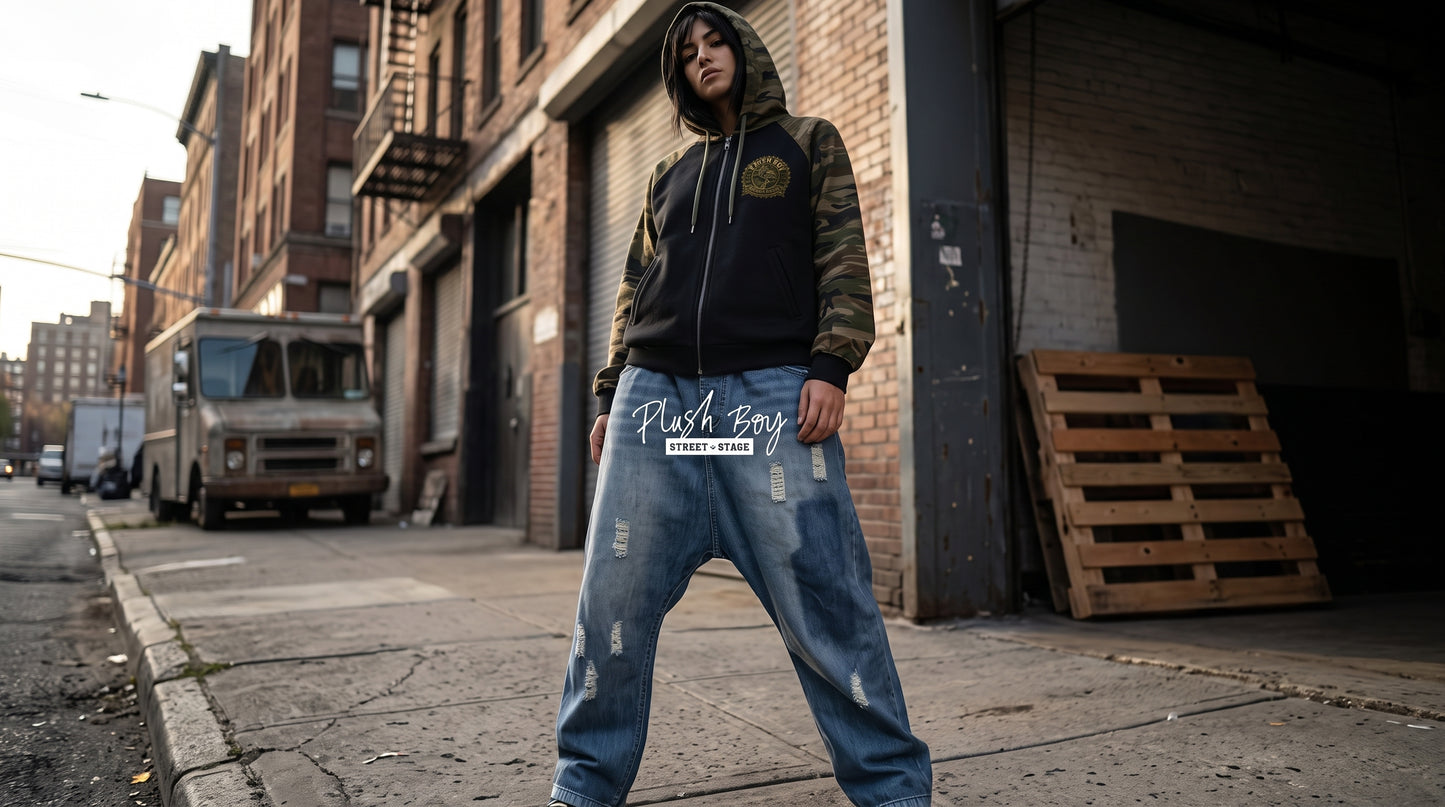 PLUSH BOY Camo-Splice Raglan Zip Hoodie