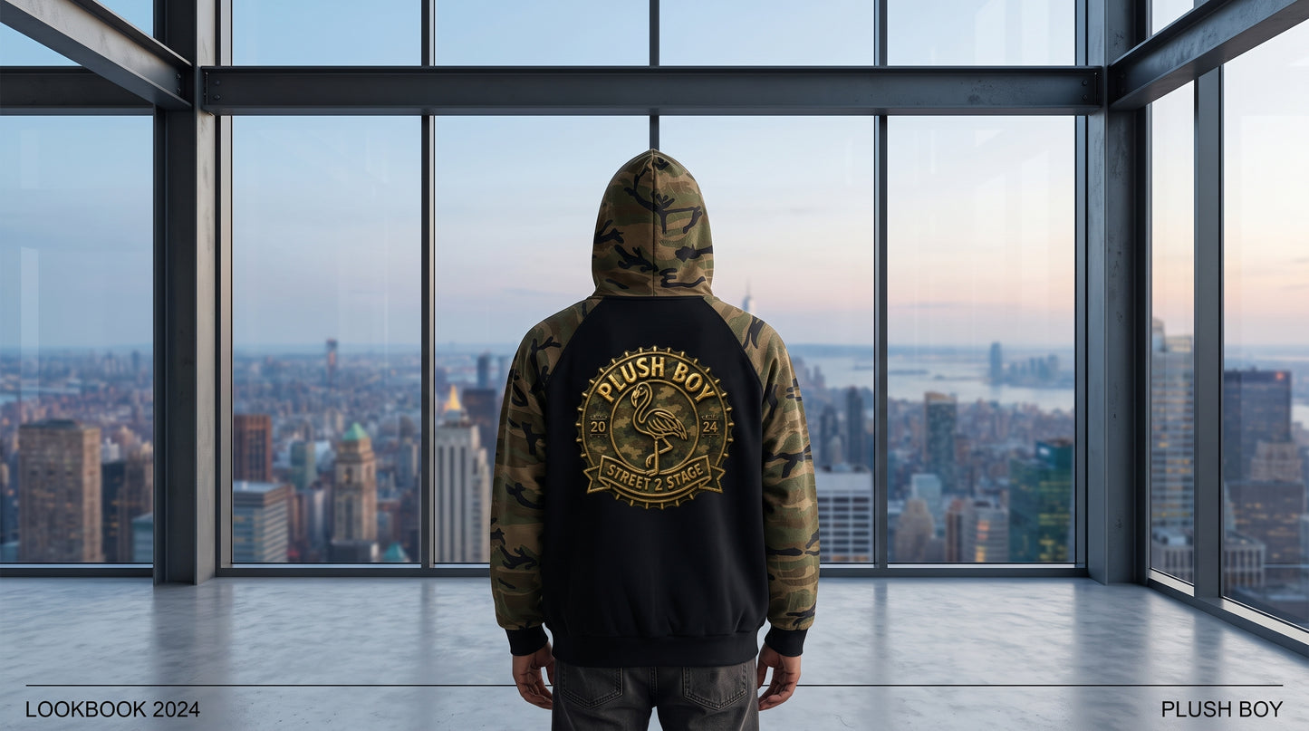 PLUSH BOY Camo-Splice Raglan Zip Hoodie