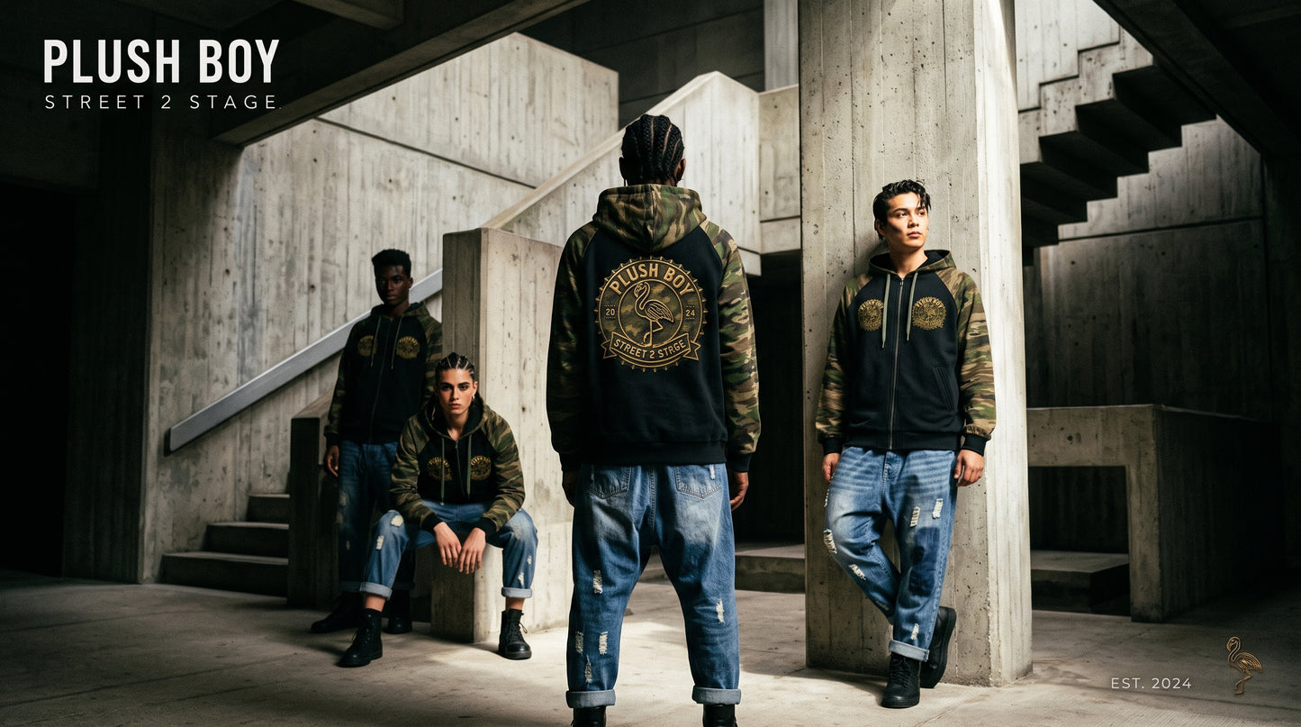 PLUSH BOY Camo-Splice Raglan Zip Hoodie
