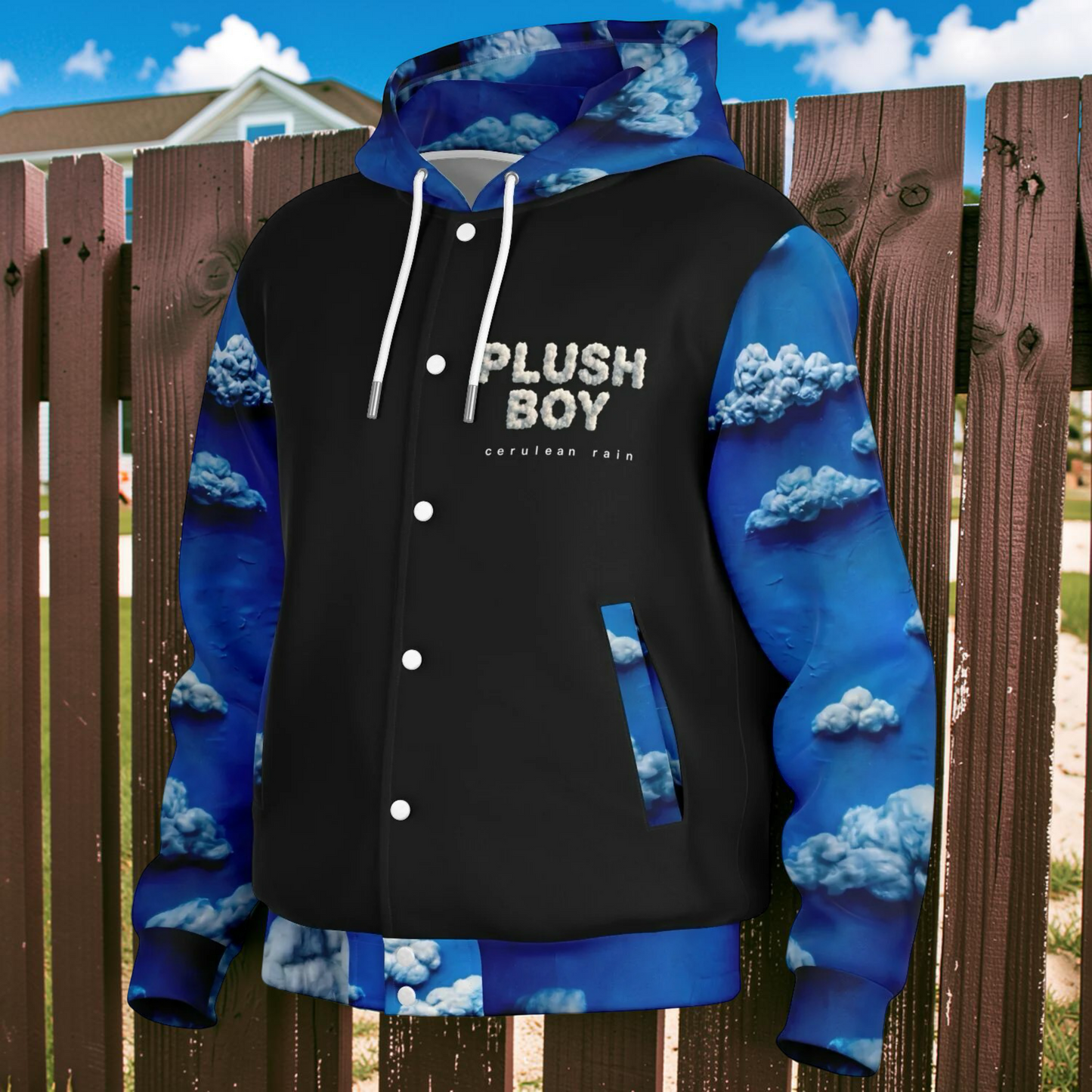 CERULEAN RAIN Hooded Baseball Jacket - AOP