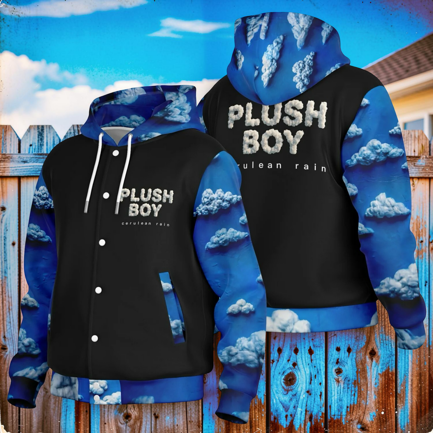 CERULEAN RAIN Hooded Baseball Jacket - AOP