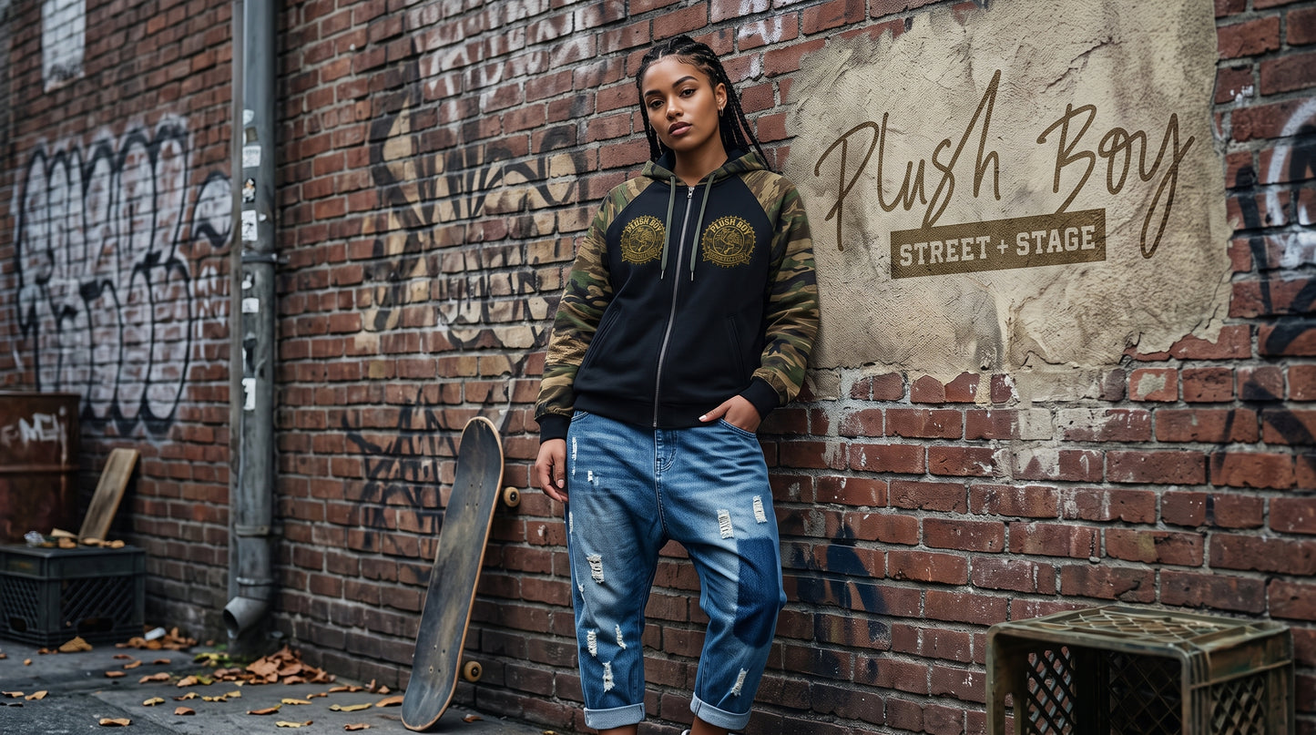 PLUSH BOY Camo-Splice Raglan Zip Hoodie