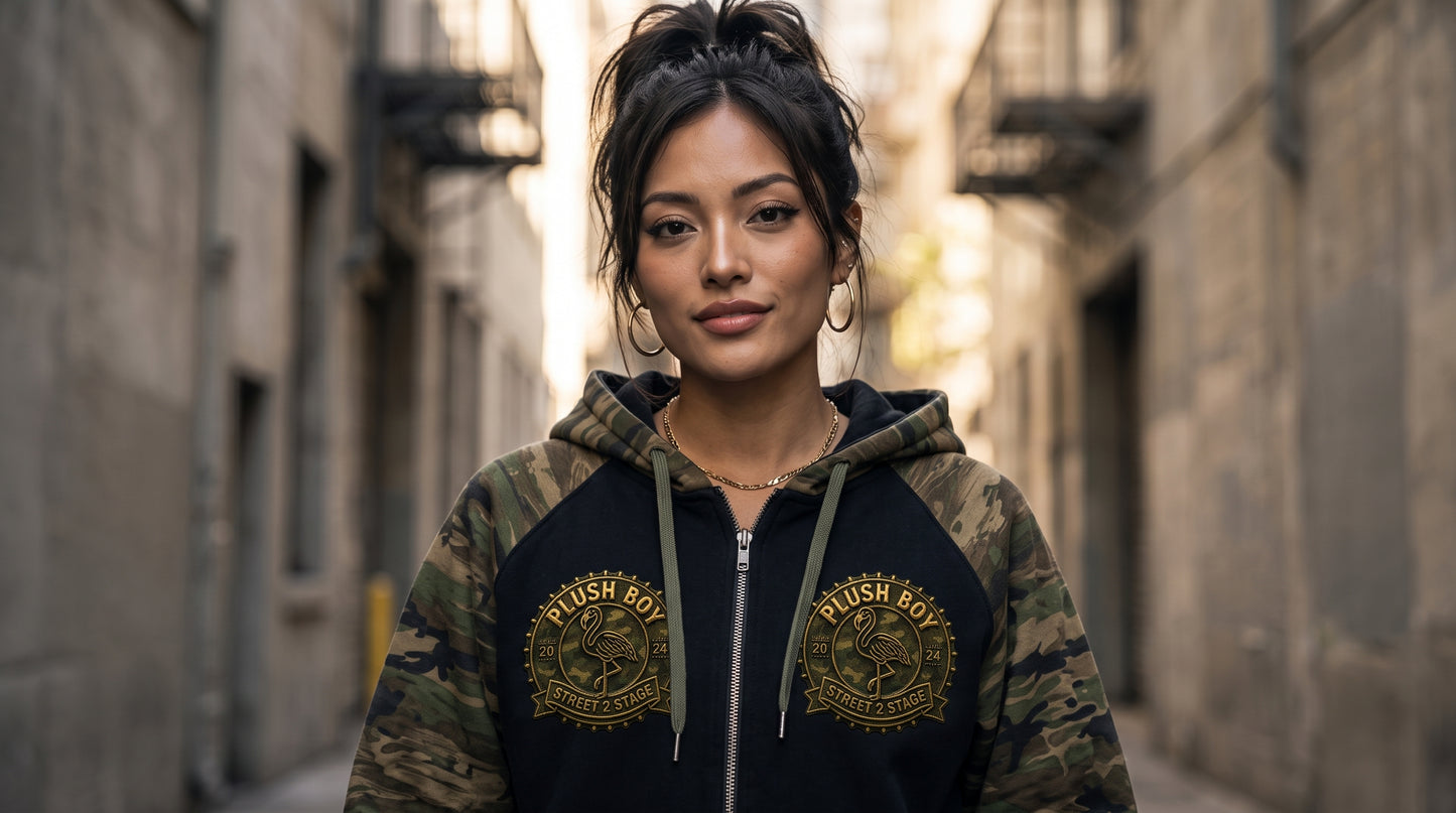 PLUSH BOY Camo-Splice Raglan Zip Hoodie