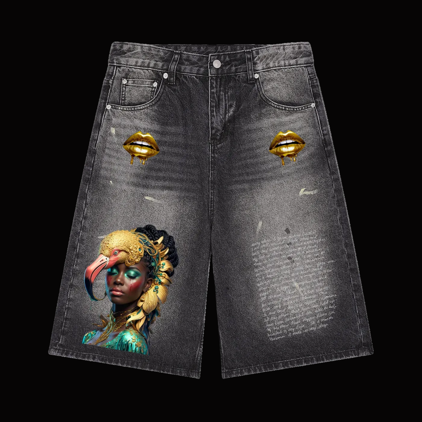 A pair of dark gray washed denim shorts featuring graphic prints, including a detailed portrait of a woman with a flamingo on the left leg, gold metallic lip designs on the upper right and left thighs, and faded script text on the right leg.