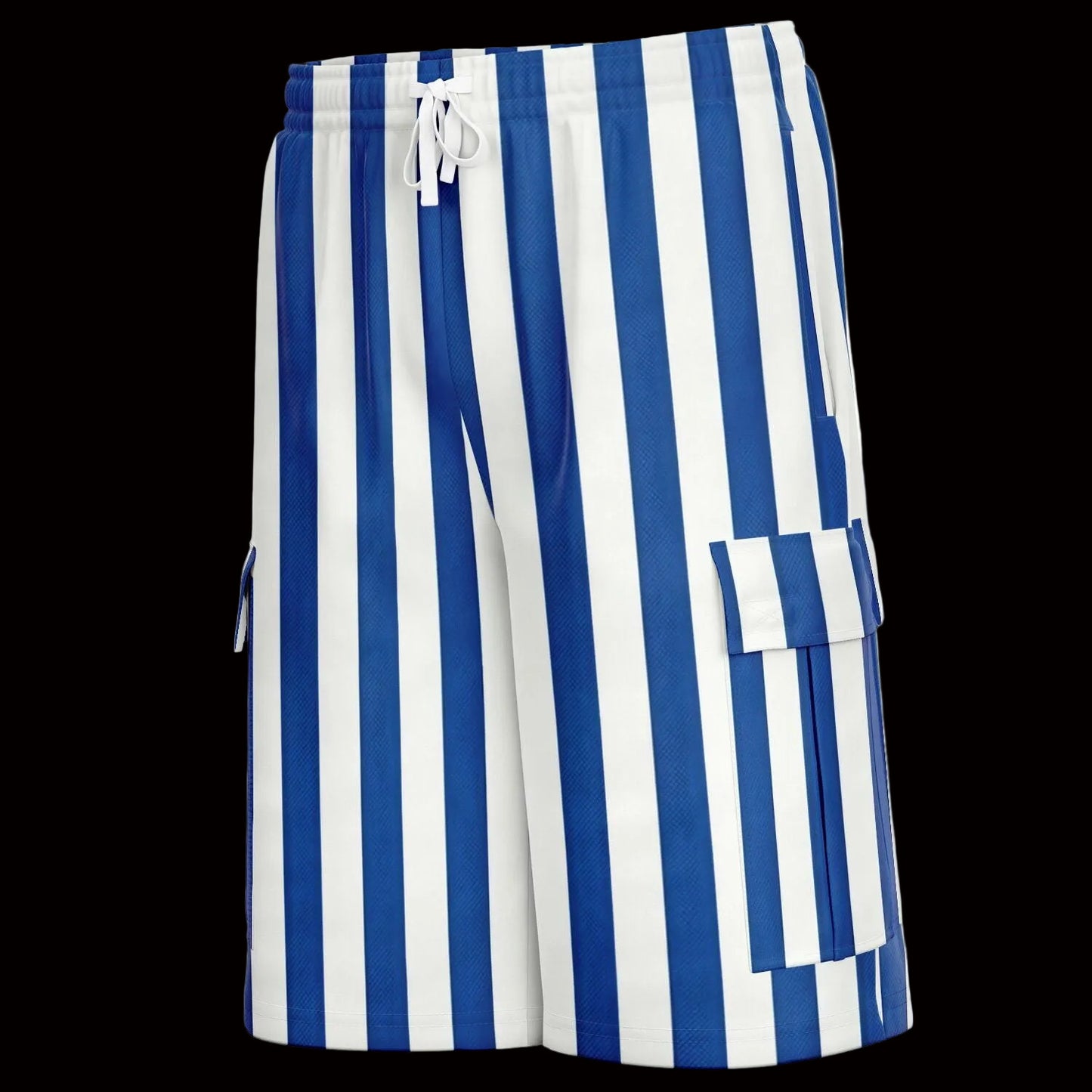 Blue and white striped shorts on a white background