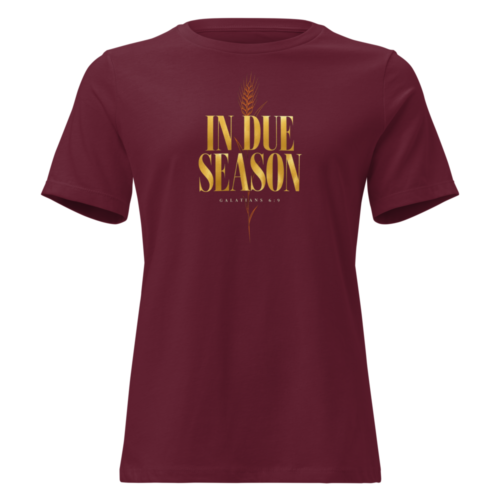 In Due Season Gold Wheat Women's Relaxed Tee - Maroon